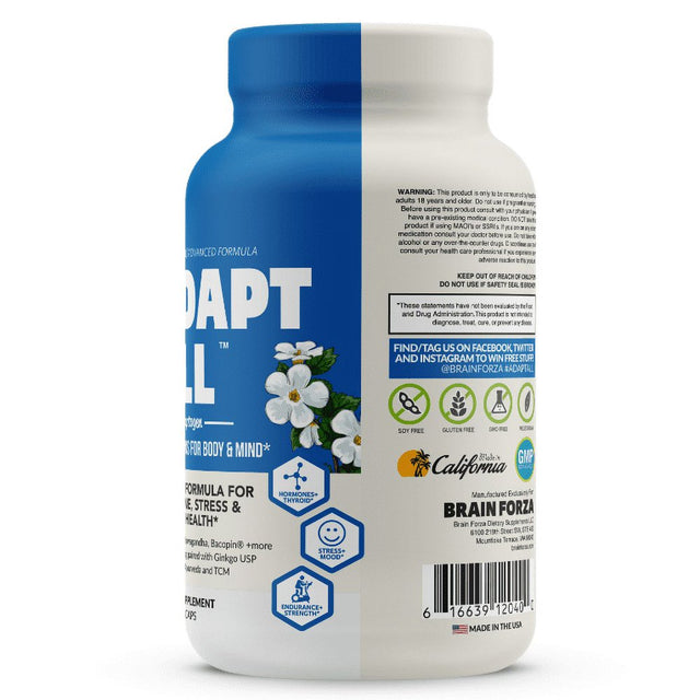 Brain Forza Adapt All Herbal Adaptogen for Stress, Mood and Athletic Performance W/ KSM-66 Ashwagandha, Bacopa, Rhodiola Rosea, Cordyceps, Lemon Balm, Ginkgo Biloba USP, 150 Capsules