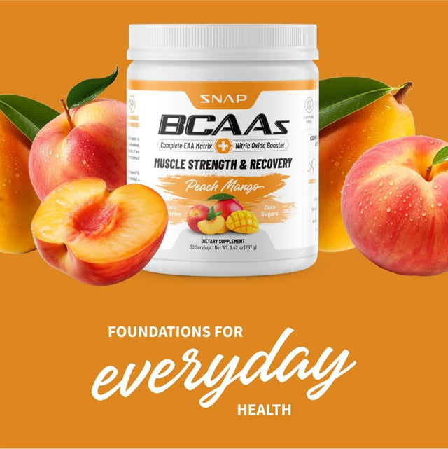 Snap Supplements Plant-Based BCAA Powder with Nitric Oxide Booster, No Artificial Flavors, Support Muscle Strength and Recovery, 30 Servings, Peach Mango