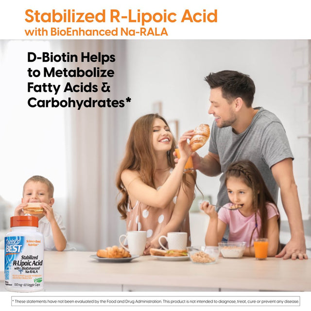 Doctor'S Best Stabilized R-Lipoic Acid with Bioenhanced Na-Rala, Non-Gmo, Gluten Free, Soy Free Vegan, Helps Maintain Blood Sugar Levels, 100 Mg 60 Veggie Caps