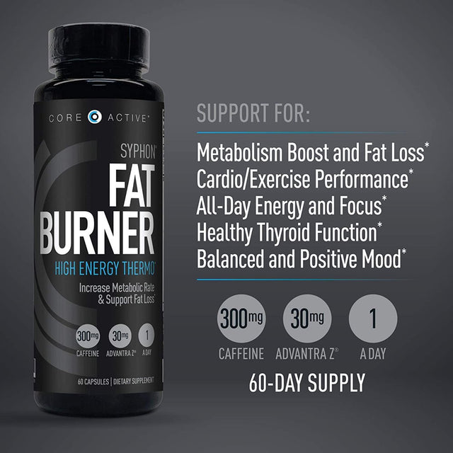 Core Active Syphon Thermogenic Fat Burner - Keto Friendly Weight Loss Supplement Pills - Advantra Z for Energy, Focus, Appetite Control Increase Metabolism Muscle Toning - 60 Capsules - 60 Day Supply