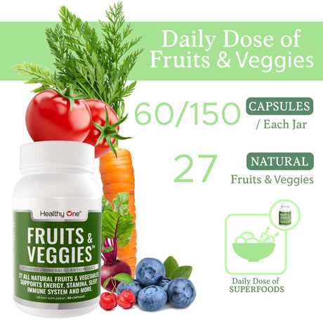 Healthy One Fruits and Veggies Supplement - 27 Superfood Fruits and Vegetables Vitamins - Daily Fruit and Vegetable Vitamins - 60 Fruit Veggie Capsules