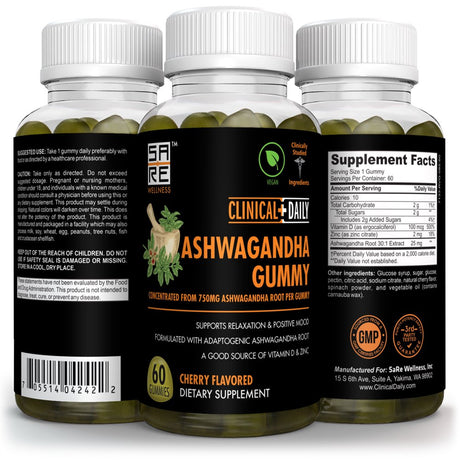 CLINICAL DAILY Ashwagandha Gummies for Women and Men - with Vitamin D and Zinc. Pure Ashwagandha Root Extract 30:1 Concentrate - Ashwagandha Complex Supplement for Sleep, Stress, Mood Support. 60 Ct