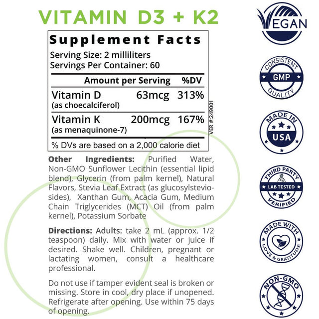 Liposome Vitamin D3 + K2 - Support for Immune System, Bone & Joint, Muscle & Heart Health - 4 Oz, 30 Day Supply