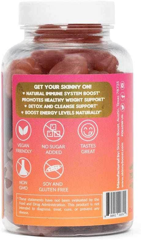 Skinnyboost Sugar Free Apple Cider Vinegar Gummies for Natural Weight Loss, Detox & Immune Support. Made W/The Mother & Vitamin B - NO SUGARS - 750 MG- Made in the Usa-Vegan