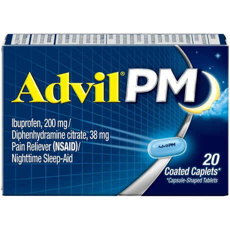 Advil PM Ibuprofen Sleep Aid Pain and Headache Reliever, 200 Mg Coated Caplets, 20 Count