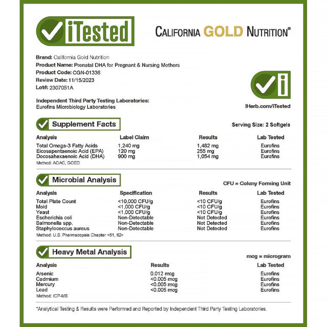 California Gold Nutrition Prenatal DHA for Pregnant and Nursing Mothers, 900 Mg, 60 Fish Gelatin Softgels (450 Mg per Softgel )