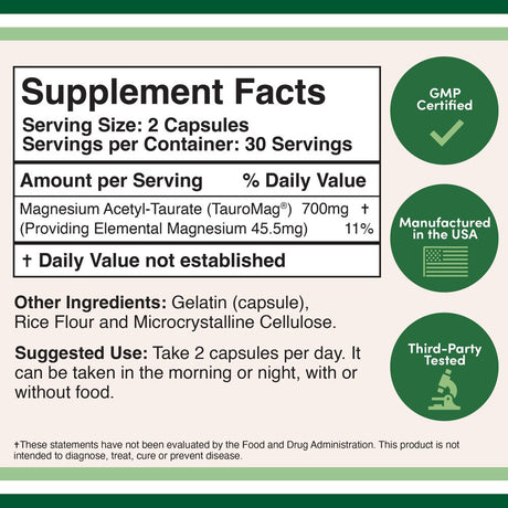 Magnesium Acetyl-Taurate - 60 X 350 Mg Capsules - PMS Support