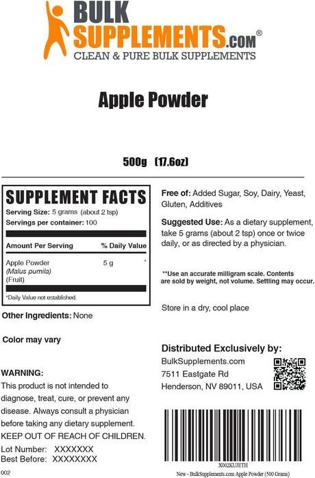 BULKSUPPLEMENTS.COM Apple Powder - Flavoring Powder - Smoothie Powder - Fruit Powder - Soluble Fiber Supplements - Fiber Powder - High Fiber Supplement Powder (500 Grams - 1.1 Lbs)