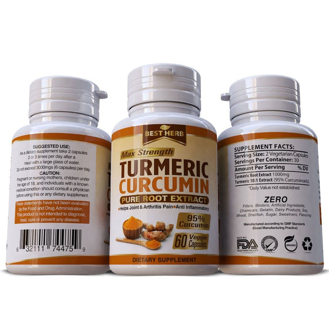 MAX Strength Turmeric Curcumin Pure Root Extract Pills - 60 Capsules - Herbal Supplement