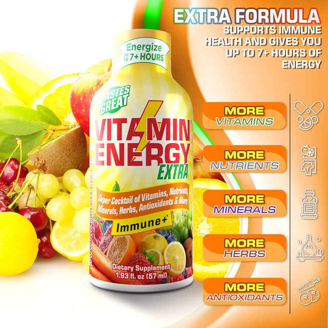 Vitamin Energy Extra Immune+ Energy Shots, Citrus Flavor, up to 7+ Hours of Energy, 1.93 Fl Oz, 24 Count