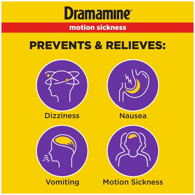 Dramamine Chewable Less Drowsy, Motion Sickness Relief, Raspberry Cream Flavor, 12 Count