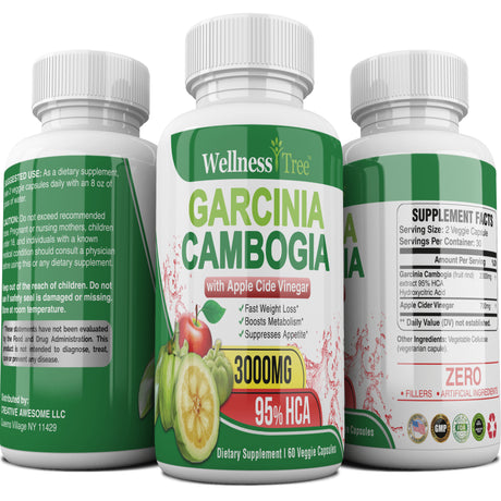 Garcinia Cambogia with Apple Cider Vinegar Capsules 3000Mg - Max Strength Weight Loss Pills - Fast Acting Appetite Suppressant - Fat Burner & Carb Blocker - 3 Pack