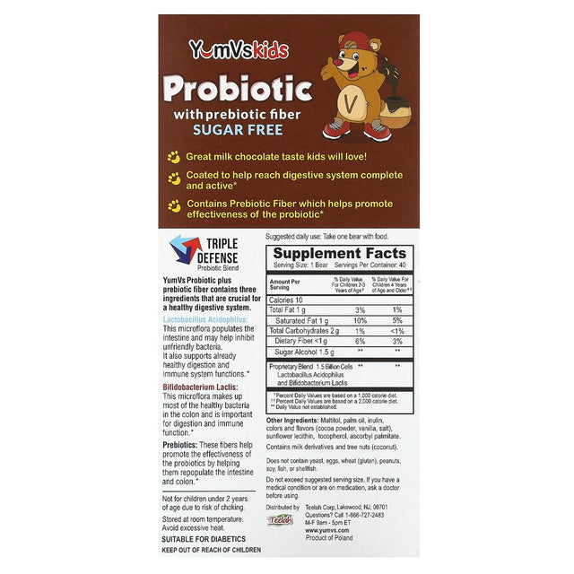 Yum V'S Probiotic with Prebiotic Fiber Milk Chocolate, 1.5B Microflora, 40 Ct