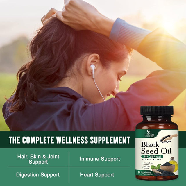 Black Seed Oil Capsules 1000Mg - Vegan Cold-Pressed Nigella Sativa Black Seed Oil, Nature'S Pure Black Cumin Seed Oil for Immune, Hair and Brain Support, Non-Gmo - 60 Capsules