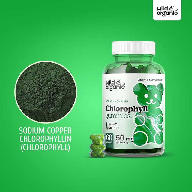 Wild & Organic Chlorophyll Gummies - Natural Energy Booster Chlorophyll Supplement, 60 Chews