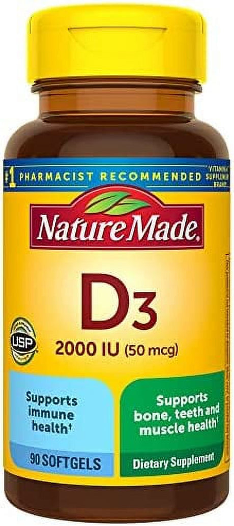 Nature Made Vitamin D3 2000 IU (50 Mcg), Dietary Supplement for Bone, Teeth, Muscle and Immune Health Support, 90 Softgels, 90 Day Supply 90 Count (Pack of 1)