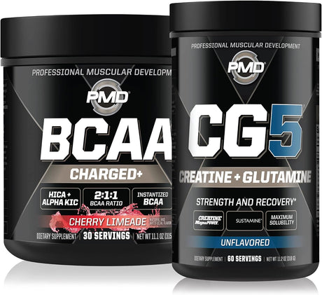 PMD Sports CG5 - Premium Creatine and L-Glutamine Powder (60 Servings) Sports BCAA Charged Amino Acids for Enhanced Recovery – Cherry Limeade (30 Servings)