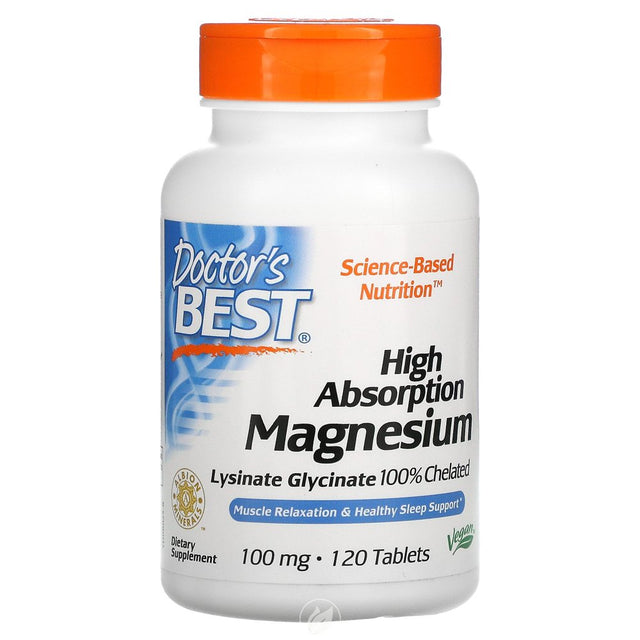 Doctor'S Best High Absorption Magnesium Glycinate Lysinate, 100% Chelated, TRACCS, Not Buffered, Headaches, Sleep, Energy, Leg Cramps, Vegan, Gluten Free, Soy Free, 100 Mg, 120 Tablets, Pack of 2