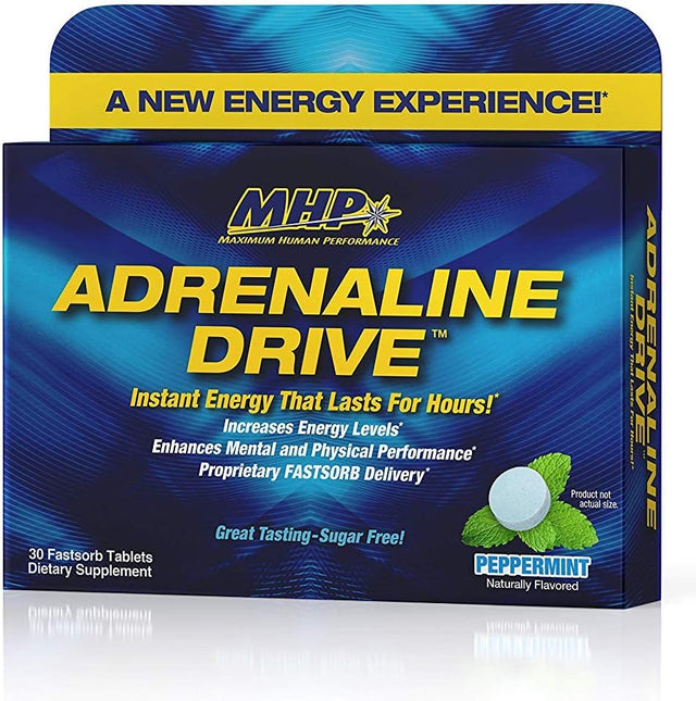 MHP Adrenaline Drive Instant Energizing Mints, Pre-Workout, Enhanced Mental Focus, Sugar Free, W/150Mg Caffeine, Peppermint, 30 Tablets