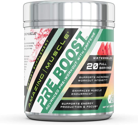 Amazing Muscle Pre Boost Advanced Pre Workout Formula with Caffeine, Creatine HCL, Bioperine - Promotes Energy for an Intense Workout - 20 Servings (Watermelon)