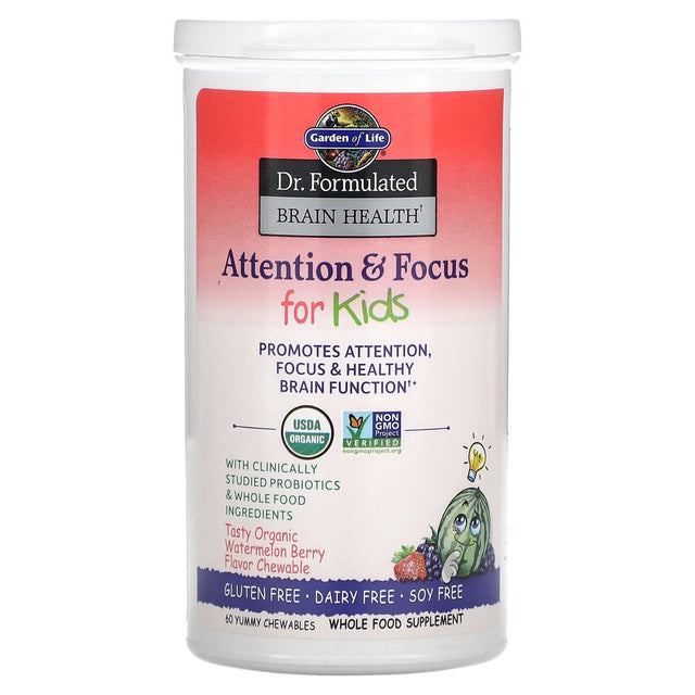 Garden of Life Dr. Formulated Brain Health, Attention & Focus for Kids, Organic Watermelon Berry, 60 Yummy Chewables