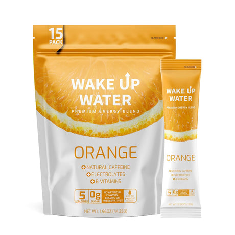 Wake up Water Energy + Hydration Mix – Energy + Hydration Powder Packets with Natural Caffeine, Electrolytes, B Vitamins | No Sugar | Daily Fuel with No Crash or Jitters | (Orange)