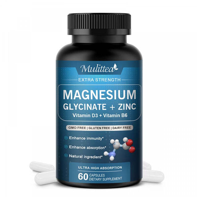 Mulittea Magnesium Glycinate 500Mg - Magnesium Glycinate Capsules with Zinc Vitamin D3 B6 - Chelated for Maximum Absorption - Improved Sleep Supporting Muscle Cramps, Brain Function, Heart Health