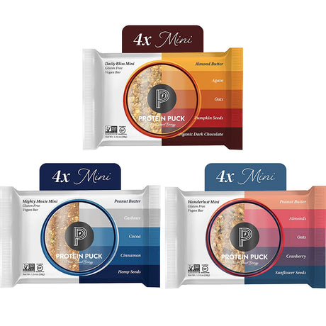 Protein Puck Mini Protein Bar Variety Pack | 4 Peanut Butter, 4 Almond Butter, 4 Cocoa Cinnamon | Gluten Free, Vegan, Non GMO | Case of 12