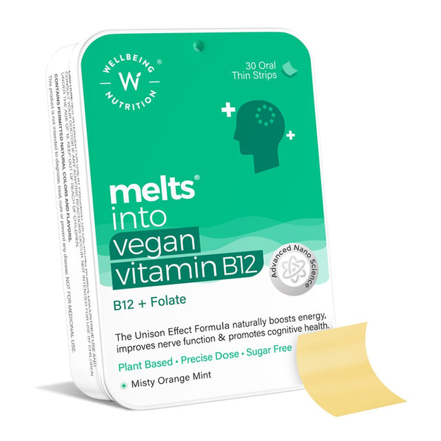 Wellbeing Nutrition Melts Vegan Vitamin B12 (Methylcobalamin), Folate (5-MTHF), Brahmi (Bacopa Monnieri), Curcumin -30 Oral Thin Strips