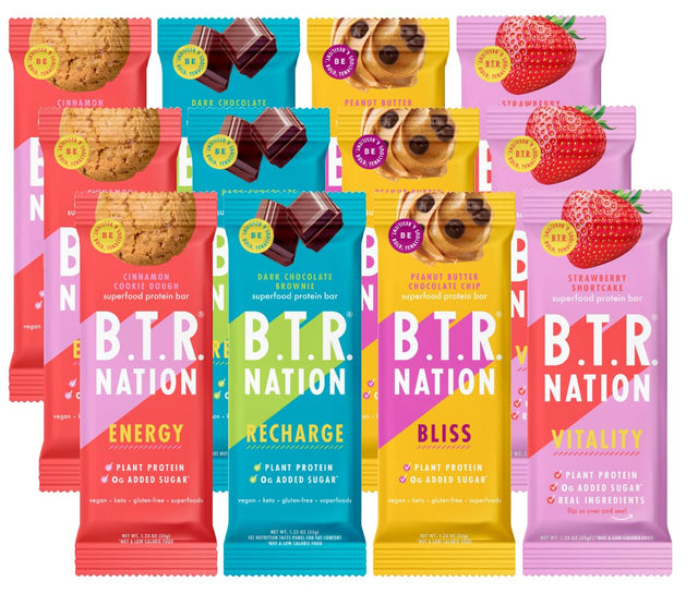 B.T.R. Bar Superfood Keto Protein Bars, Plant Based Vegan Protein, Low Carb Food, Low Calorie, Gluten Free, No Sugar Alcohols, Boosted with Superfoods & Adaptogens (12 Pack) (Variety Pack)