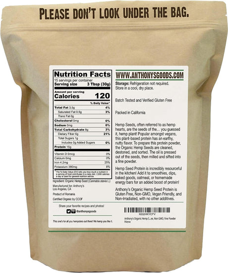 Anthony'S Organic Hemp Seed Protein, 1 Lb, Cold Pressed, Gluten Free, Non GMO, Fine Powder