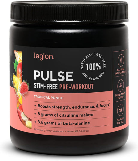 LEGION Pulse Pre Workout Supplement - All Natural Nitric Oxide Preworkout Drink to Boost Energy, Creatine Free, Naturally Sweetened, Beta Alanine, Citrulline, Alpha GPC (Caffeine Free Tropical Punch)