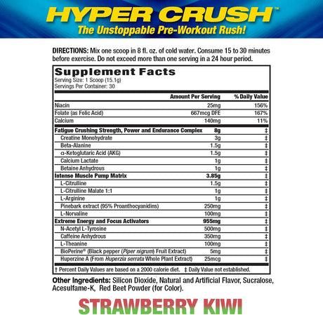 Maximum Human Performance Hyper Crush Pre Workout Powder, Increases Energy, Muscle Pumps, Power, Fights Fatigue, Creatine, Beta Alanine, Nitric Oxide, Citrulline, AKG, Strawberry Kiwi, 30 Servings