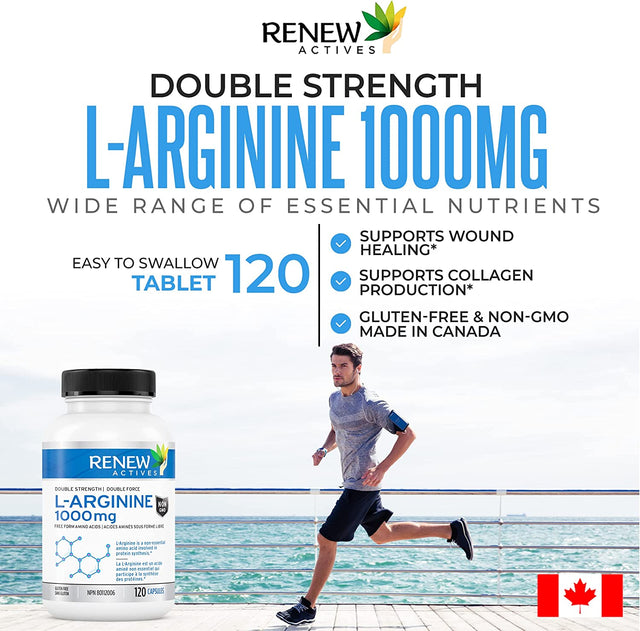 Renew Actives L-Arginine 1000Mg, 120 Count, Maximum Potency Pre Workout Amino Energy Supplement, for Muscle Recovery and Metabolism Booster, Easy to Swallow, Non-Gmo, Gluten-Free, Made in Canada!