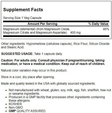 NOW Supplements, Magnesium 400 Mg, Enzyme Function*, Nervous System Support*, 180 Veg Capsules