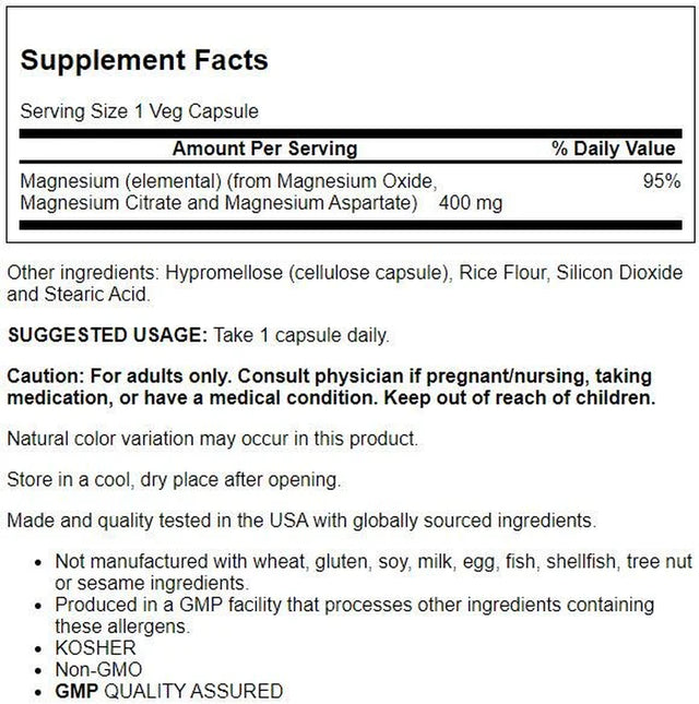 NOW Supplements, Magnesium 400 Mg, Enzyme Function*, Nervous System Support*, 180 Veg Capsules