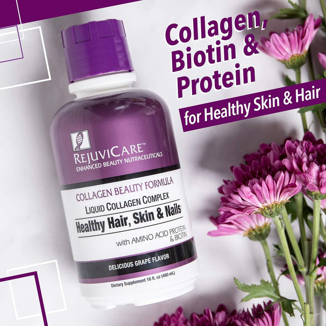 Rejuvicare Liquid Collagen Beauty Formula with Amino Acids, Protein and Biotin, Delicious Grape Flavor, Purple 16 Oz ,32 Servings