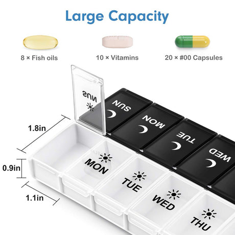 Pill Organizer, Weekly Large Pill Box 2 Times a Day, AM PM Pill Case, Day Night Pill Container with 14 Compartment, Medicine Organizer for Daily Vitamins & Fish Oil, Great for Travel