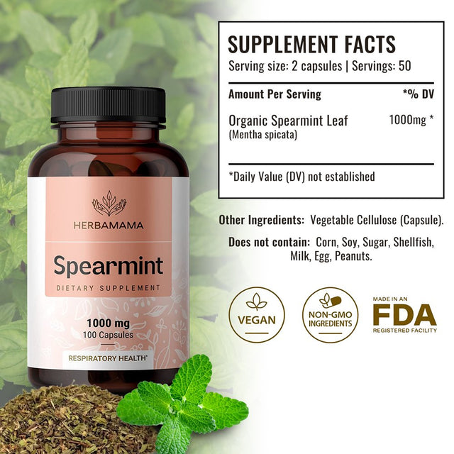 HERBAMAMA Spearmint Leaf - Organic Support for Respiratory & Digestive Health, 100 Caps