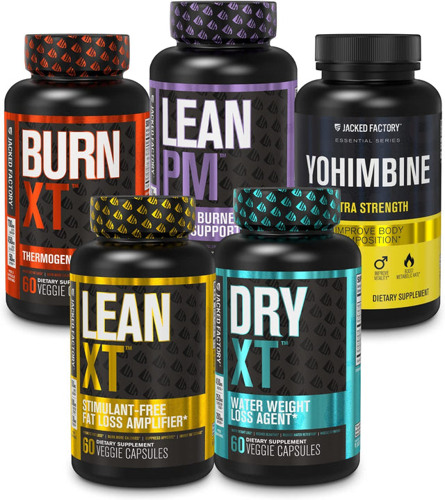 Jacked Factory Thermogenic Fat Burner Weight Loss Supplement: Burn-Xt Thermogenic and Lean PM Nighttime Fat Burner | Sleep Aid, Lean-Xt Caffeine Free Fat Burner, Yohimbine Capsules, Dry XT Diuretic