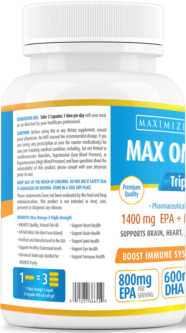 Max Omega 3 - Triple Strength Fish Oil Supplement, 60 Count