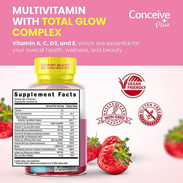 Conceive plus Hair Skin & Nails Gummies - Extra-Strength Biotin, VIT A, C, D3, E Vitamins - Vegan, Hair Growth Supplement - Gelatin-Free - 60 Count