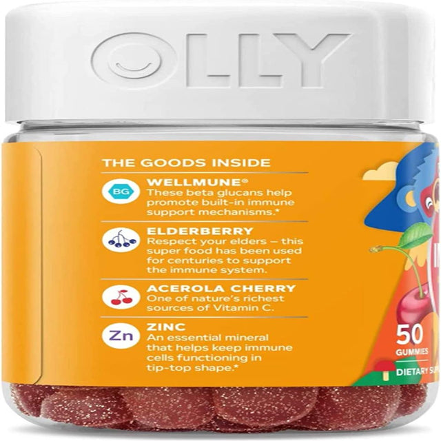 OLLY Kids Immunity Gummy, Immune Support, Wellmune, Elderberry, Vitamin C, Zinc, Chewable Supplement, Cherry - 50 Count