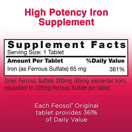 Feosol Original Iron Supplement Tablets, Non-Heme, 325Mg Ferrous Sulfate (65Mg Elemental Iron) per Iron Pill, 1 per Day, 120Ct, 4 Month Supply, for Energy and Immune System Support, Made in USA