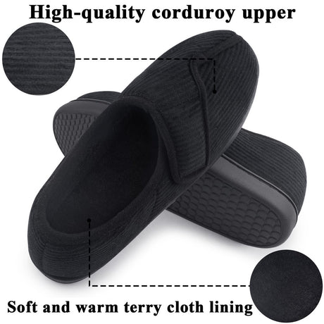 Diabetic Slippers Shoes for Men Arthritis Edema Adjustable Closure Memory Foam House Shoes, Black 7