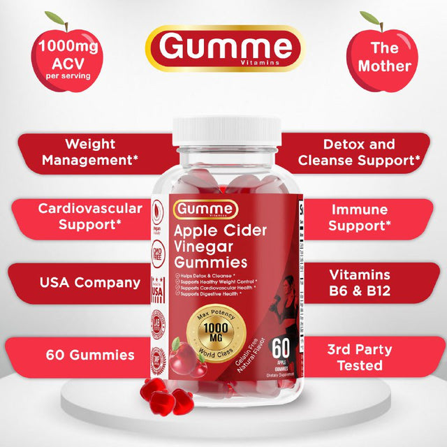 Gumme Apple Cider Vinegar Gummies Weight Management ACV Gummy Appetite Suppressant Beetroot Chewable, No Pills Capsules, Diet Supplement Women Men Detox Cleanse 60 Count