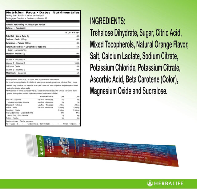 Herbalife H³O Fitness Drink: Orangeade 15 Packets, Carbohydrate Blend for Immediate Energy, Energize, Hydrate, Protect, Naturally Flavored