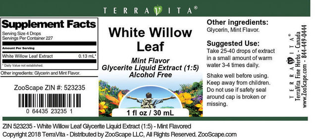 Terravita White Willow Leaf Glycerite Liquid Extract (1:5) - Mint Flavored, (Mint, 1 Oz, 1-Pack, Zin: 523235)