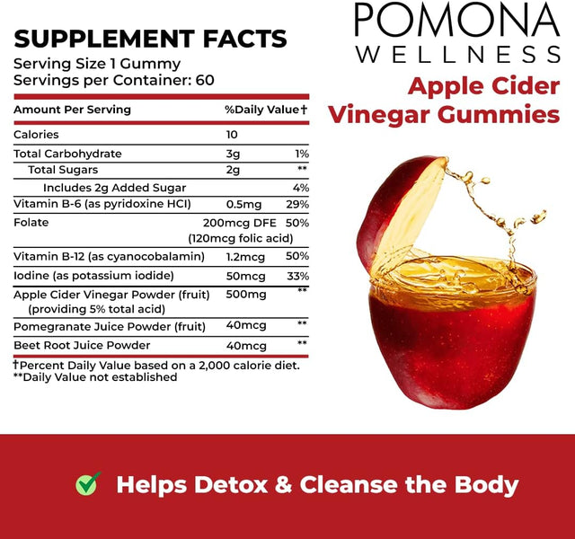 Pomona Wellness Apple Cider Vinegar Gummies with B Vitamins for Immune Support, Detox and Cleanse, ACV Gummy for Digestion, Overall Health, Vegan, 60 Count