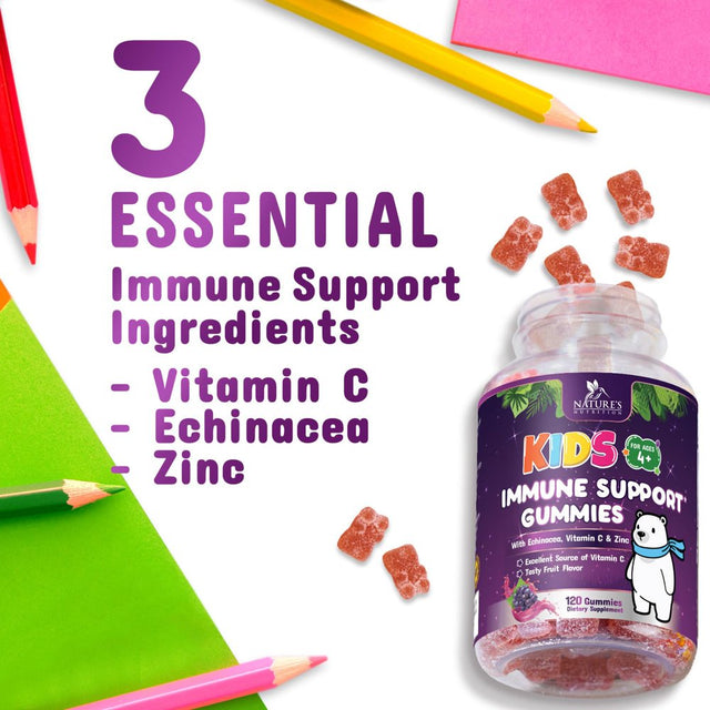 Kids Immune Support Gummies with Vitamin C, Zinc & Echinacea, Daily Childrens Immune Support Vitamin, Gluten Free & Non-Gmo Chewable Immune Support for Kids Gummy, Berry Flavored - 120 Gummies